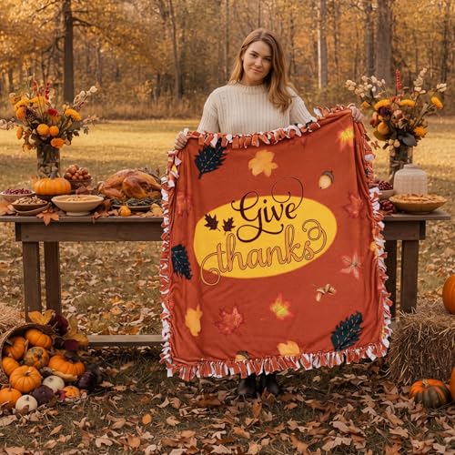 Chumia 2 Pcs/1 Set Thanksgiving Fall No Sew Fleece Blanket Kit 57 x 57 in | Give Thanks Maple Leaf DIY Tie Blanket Kits for Adults No Sew Gifts for Fall Autumn Harvest Thanksgiving Holiday Home Decor - style: Thanksgiving Fall