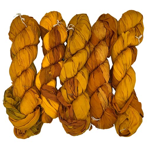 100% Recycled Saree (Sari) Silk Ribbon Yarn - Bulky Weight - 50 Yards per 100 Grams | Knitting & Crocheting | Jewelry Making, Gift Wrapping and Weaving (Harvest Gold) - color: Harvest Gold