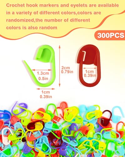 FIVEIZERO 300pcs Stitch Markers for Crocheting & 6pcs Blunt Sewing Needles | Mix Random Color Knitting Markers;Reusable Bulk Plastic Crochet Hook Clip for Knitting,Weaving,Crocheting,Art,Craft Projects