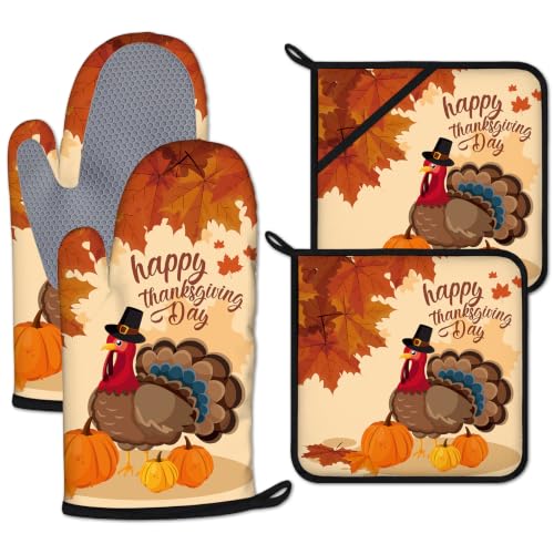 Turkey Maple Pumpkin Oven Mitts and Pot Holders Sets 4 Pcs Silicone Happy Thanksgiving Day Kitchen Gloves Heat Resistant Potholders for Baking Grilling BBQ - color: Happy Thanksgiving Day