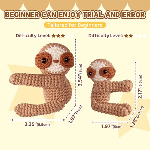 Mewaii Crochet Kit for Beginners, 2 Pack Sloth Craft Set | 40% Extra Yarn, Video Tutorial, Pre-Started Piece, Beginner Friendly, Family Craft Gift for Adults & Kids - color: Brown, Yellow, Pink, and Green