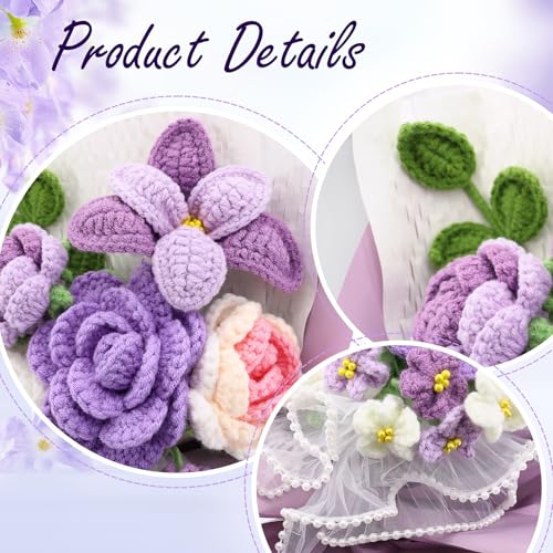 Handmade Crochet Flower Bouquet, Crochet Flowers, Knitted Flowers | Mixed Flowers, Crochet Bouquet, Artificial Flower Crochet Rose Tulip for Lover, Friend,family, Wedding Anniversary - color: Purple