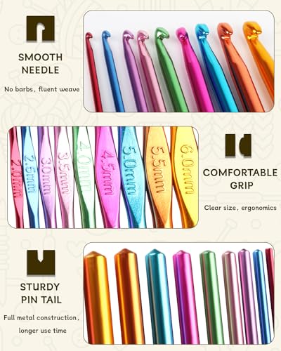 Coopay Crochet Hooks Set-19PCS Metal Crochet Needles with Stitch Markers | Ergonomic Crochet Hook for Comfortable Crocheting and Arthritic Hands(2.0mm/2.5mm/3.0mm/3.5mm/4.0mm/4.5mm/5.0mm/5.5mm/6.0mm) - color: Multicolor Aluminum Hook Set