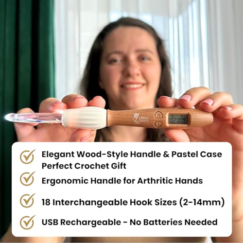LineaCraft Counting Crochet Hook Set with Light & Counter – 18 Sizes Interchangeable Hooks Kit for Beginners, Light up, Digital Stitch & Row Counter, Ergonomic for Arthritic Hands – Crochet Gift