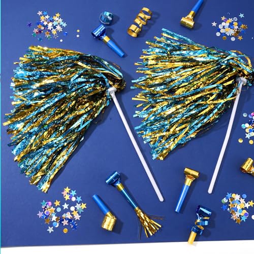 Vinsot 40 Pcs Cheerleading Pom Poms Bulk, Metallic Foil School Spirit Shakers Cheer Pom Poms with Plastic Long Handle for Soccer Basketball Sport Dance Team Squads Fan Celebration - color: Blue Gold Mix