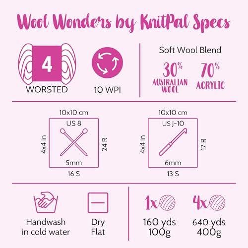 Wool Wonders #4 Worsted Weight Wool Yarn, 4-Pack (640Yds/400G), Mauve Pink | #4 Medium Weight Wool Yarn for Crocheting with Free Patterns - Variegated Aran Weight Wool Blend Yarn for Knitting - color: Mauve Pink