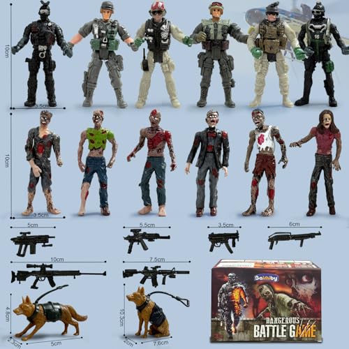 Army Men Action Figures VS Zombie Toys Action Figure Playset (20 Pcs) | Including 6 Detachable Army Men 6 Weapons 6 Zombie Figures 2 Military Dog Birthday Halloween Xmas Gift for Boys Kids - color: Gray