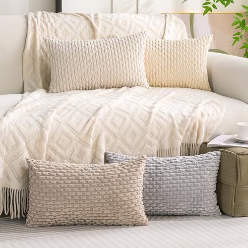 Set of 4 Neutral Decorative Throw Pillow Covers 12x20 Inch Corduroy Pillow Covers for Bed Couch Sofa Living Room Soft Cushion Cases - color: Neutral, size: 20" x 12" (Pack of 4)