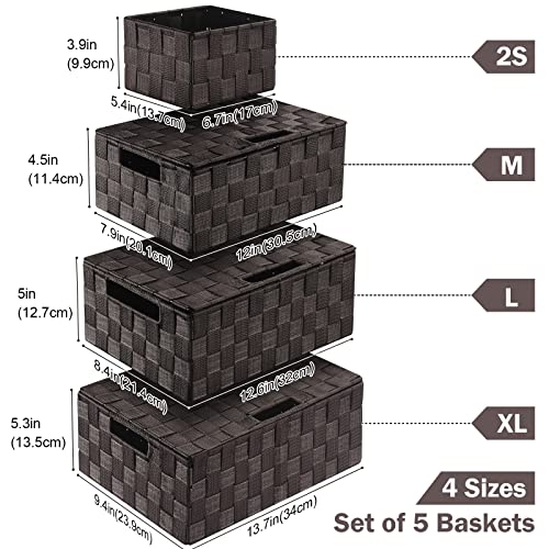 Storage Baskets with Lids: 5 Pack Stackable Woven Storage Bins, Brown | Decorative Woven Baskets for Organizing with Built-In Handles for Shelves, Closets, Cabinets and Cubbies, Gift Small Basket - color: Brown, size: 5pack with Lids
