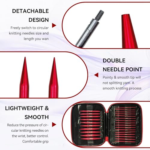 Interchangeable Knitting Needle Set with Circular Cable for Crafters, 13 Circular Knitting Needles with 4 Cables for Beginner, DIY Crafts, 3-10 mm Aluminum Red Needle Set