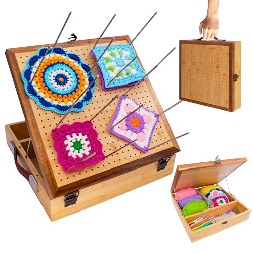 OCPO HOME 12'' Crochet Blocking Board - with Storage Drawer & 20 Pegs, Bamboo Granny Square Blocking Board for Crochet Projects, Ideal Crocheting Gifts for Crocheters - size: 12-inch