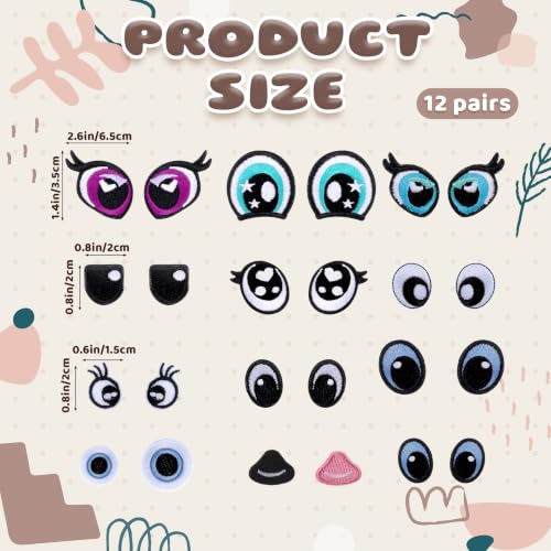 12 Pairs Embroidered Eyes 4 Sizes Colored Felt Craft Doll Eyes with Lashes Decorative Cartoon Eye Sewing Patches for DIY Crochet Animal Making Craft