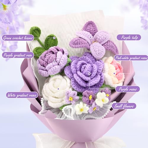 Handmade Crochet Flower Bouquet, Crochet Flowers, Knitted Flowers | Mixed Flowers, Crochet Bouquet, Artificial Flower Crochet Rose Tulip for Lover, Friend,family, Wedding Anniversary - color: Purple