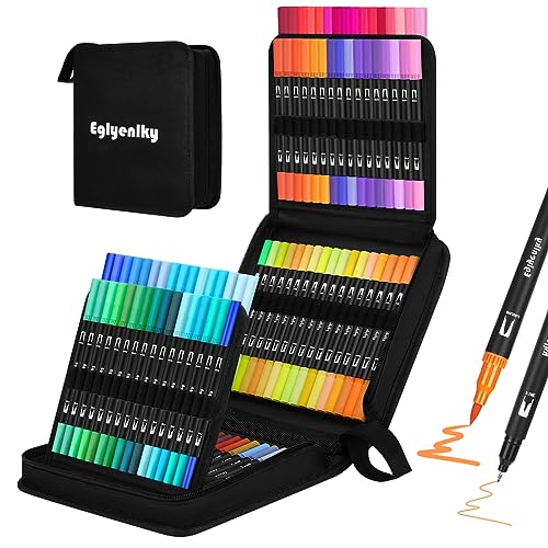 Eglyenlky Dual Brush Pens, Markers for Adult Coloring Book,100 Water Colors | Art Pens with Fine Point Markers and Brush Tip for Adult Kids Drawing (Black Set) - color: 100 Colors-Cloth Bag