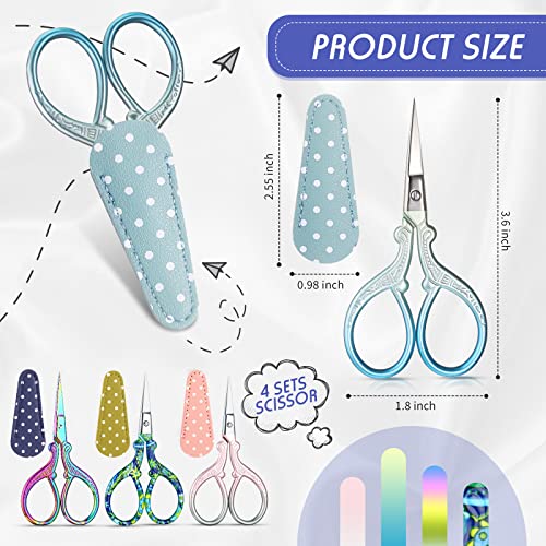 Honoson 4 Pcs Small Embroidery Scissors, 3.6", Simple, Fresh Colors | Sewing Scissors with Leather Cover, Sharp Tip for Needlework Cross Stitch Crochet Knitting Craft, Stainless Steel Stork Shear - color: Fresh Colors