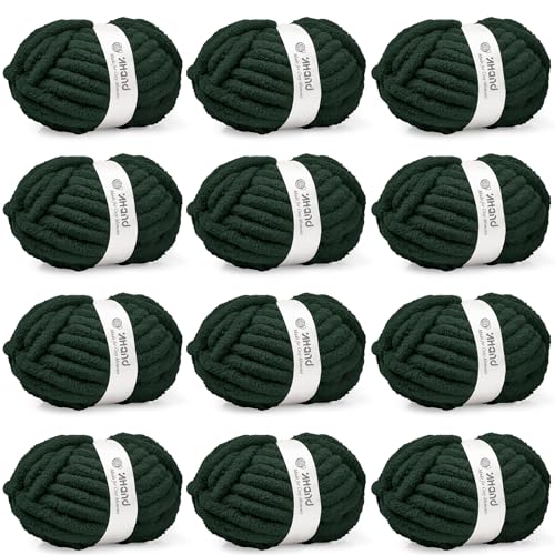 Inhand Dark Green Chunky Chenille Yarn for Hand Knitting,Thick Bulky Christmas Blanket Yarn for Crocheting,Soft Fluffy Yarn for Crochet Holiday Gifts for Women/Beginners,12 Pack (29.5Yds/8.4oz Each) - color: Dark Green, size: 12 Pack