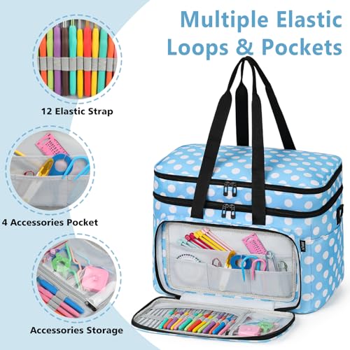 Crochet Organizer Bag with Yarn Holder, Large Yarn Storage for Accessories | 3PCS Crochet Knitting Bag with Accessory Pouch for Hooks, Needles, Travel Tote, Crochet Lovers, Gift for Crafters, No-Tangle - color: Polka Dots