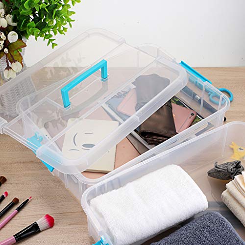 BTSKY 2 Layer Stack & Carry Box, Plastic Multipurpose Portable Storage Container Box Handled Organizer Storage Box for Organizing Stationery, Sewing, Art Craft, Jewelry and Beauty Supplies Blue | Multipurpose Craft Organizers and Storage for Organizing St