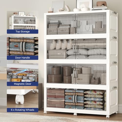 200Gal Extra Large Stackable Storage Bins with Lid, 800QT Foldable Collapsible Storage Box with Doors & Wheels, Plastic Organizer for Bedroom Kitchen Garage Dorm, 4Pack - size: 50Gal-4Pack
