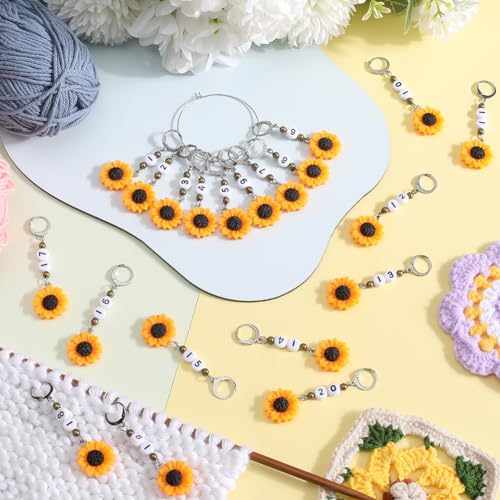 SUNNYCLUE 1 Box 20Pcs Cute Crochet Markers 1~20 Number Stitch Marker Resin Sunflower Planner Charms Knit Markers Locking Removable Leverback for Knitting Crocheting Sewing Quilting Jewelry Making