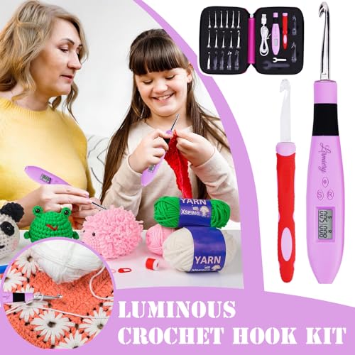 18 Size Counting Crochet Hooks Set Digital with Light up Crochet Hooks Set Ergonomic Soft Grip,Lighted Crochet Hook for Stitch & Row Counting - size: 18size