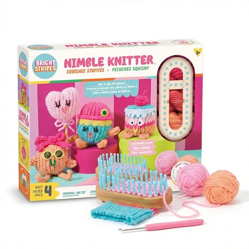 Bright Stripes Nimble Knitter Adjustable Loom Craft Kit for Kids, Ages 8+ | Comes with yarn, stickers and stuffing, makes knit characters and plush pals, a wonderful gift idea suited to teens today - color: Multicolor, style: Nimble Knitter