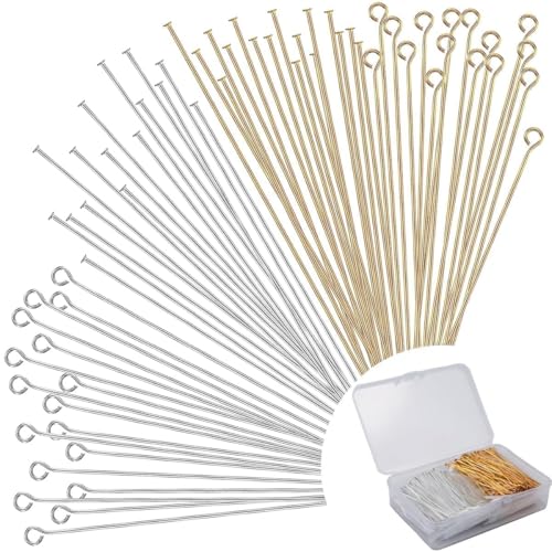 600 Pieces 2 Inch Flat Head Pins Eye Pins for Jewelry Making DIY, Straight Head Eye Pins Gold and Sliver Jewelry Making Pin Metal End Headpins for Craft Earring Bracelet Necklace Pendant Supplies - color: Gold+Silver, size: 2 Inch (Flat Head + Eye)