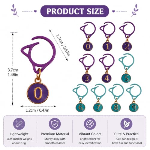 20 PCS Numbered Stitch Markers, Cat Crochet Markers 0-9 | Count rows and track patterns easily with cute enamel markers and clear numbers for crochet and knitting projects. - color: Purple and Green