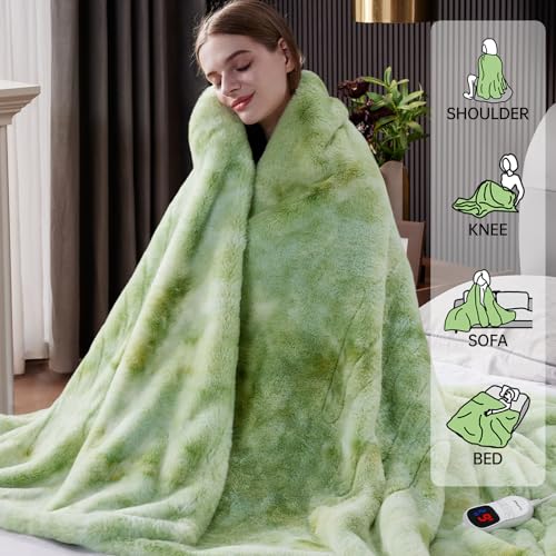 Guohaoi Heated Blanket, Soft Faux Rabbit Fur Electric Throw, 72"×84" | Electric Blanket with 10 Heating Levels 5 Setting Timer Auto Off, Cozy Warm Heating Blankets, Machine Washable, LightGreen - color: Light Green, size: 72''*84''
