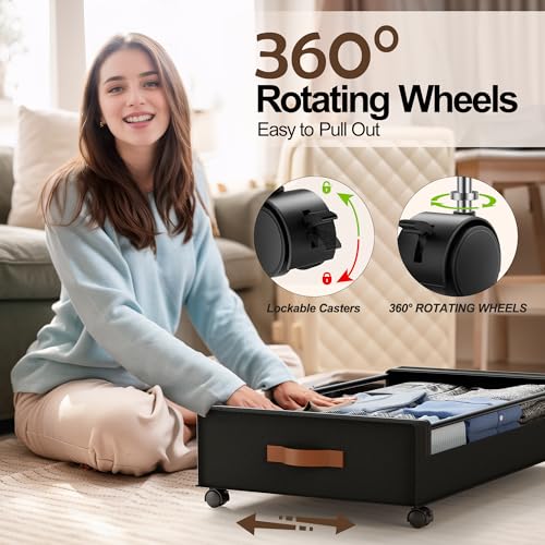 LAMU Under Bed Storage with Wheels, 2Pack Underbed Storage Containers,Black | Smooth-rolling Wheels, Clear Lid & Label, Sturdy Metal Frame, Easy Install, Rolling Storage Drawers for Clothes, Shoes, Toys - color: Black, size: 2 Pack