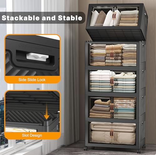 UAMFURI Stackable Storage Bins, 560QT Collapsible Drawers with 1 Lid | Large Capacity, Magnetic Door, Stack Lock, Rolling Wheels, Foldable Design, Organizers and Storage for Bedroom Dorm Garage - color: Dark-112QT, size: 5Pack with 1 top lid