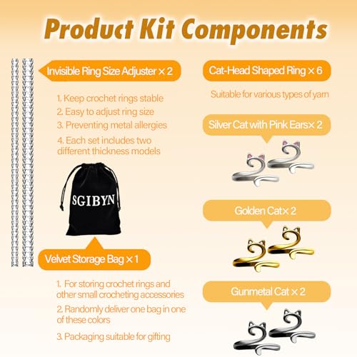 SGIBYN 6 Pack Adjustable Crochet Tension Ring for Crocheting, Cat Crochet Yarn Guide Control Rings for Tension, Yarnmate Crochet Knitting Loop Ring