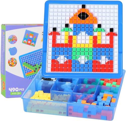 ZOZOPLAY Large Cube Mosaic Puzzle, 490-Piece STEM Learning Building Blocks | 490 ABS cubes, storage case, grid board, 12 pattern prompts for ages 3+; supports color, shape, fine-motor, and STEM learning