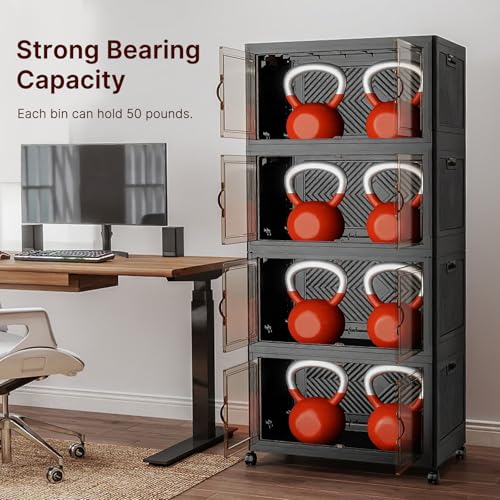UAMFURI Stackable Storage Bins, 896QT Collapsible Drawers with 2 Lids | Large Capacity, Magnetic Door, Stack Lock, Rolling Wheels, Foldable Design, Organizers and Storage for Bedroom Dorm Garage - color: Dark-112QT, size: 8Pack with 2 top lids