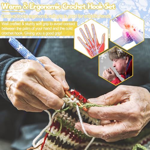 Coopay Warm Crochet Hooks, Ergonomic Crochet Hook Set Soft Grip- Light Blue | 2.0mm-6.0mm Light Blue & White Porcelain Art Handle, Comfort Grip Needles Set for Beginners, Smooth Crochet Needles Set Gift - color: Light Blue & White Porcelain