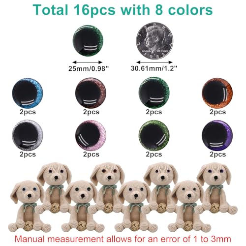 BUXIMN 16pcs 25mm Large Safety Eyes for Crocheting, Sparkling Safety Eyes for Stuffed Animals, Glitter Crochet Eyes for Animals DIY Doll Making Crafts - color: Colorful B, size: 25mm