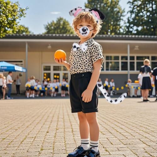 Jmkcoz 4 Pcs Dalmatian Dog Costume Set Puppy Dog Ears Headband and Tail Nose Bow Tie for 100 Days of School Halloween Cosplay - color: White & Black