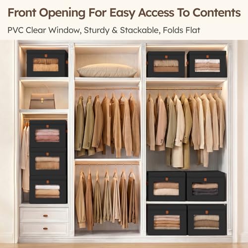 Homsorout Storage Bins with Lids - Front Opening Storage Box with Clear Window & Handles, Stackable Foldable Fabric Bins for Closet Organization, Clothes, Sweaters, Towels, Blankets, 3 Pack, Black - color: Black, size: Medium - 3 Pack