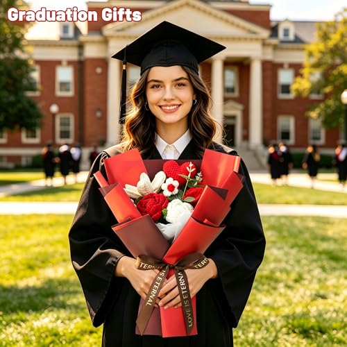 TORONTOKYO Crochet Flower Bouquet, Crochet Flowers Handmade Red Roses Bouquet, Graduation Gifts, Valentine's Day, Wedding, Birthday, Mother's Day (Include Gift Bag & Card) - color: Red