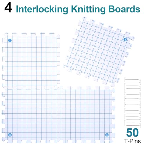 Interlocking Blocking Mats - 4-Pack Blocking Mats for Knitting and Crochet Projects, 12'' W x 12'' L Knitting Blocking Mats with 50 T-Pins