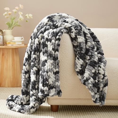 Chenille Chunky Knit Throw Blanket for Couch 50"x60", Space-Dyed Black | Handmade Chenille Crochet Throw for Sofa Bed, Thick Cable Knitted Blankets for Room Home Decor, Birthday Gift for Women - color: Black&white, size: 50"x60"