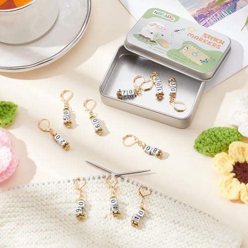 NBEADS 10 Pcs Number 10-100 Acrylic Beads Stitch Markers, Square Number Bead Crochet Knitting Stitch Marker with Leverback Loop Locking, Golden