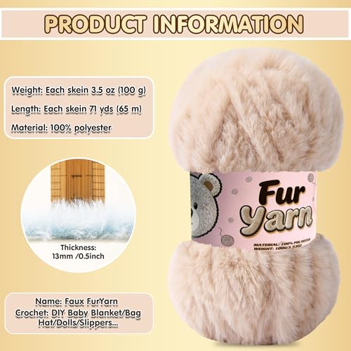 3 Skeins Faux Fur Yarn Soft Fluffy for Crocheting - Chunky Fuzzy Yarn for Crochet Amigurumi, Blankets, Scarves and Sweaters - Each 3.5 oz/100 g, 71 yds/65 m (3, Beige) - color: Beige