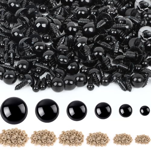 UPINS 600pcs Black Safety Eyes with Washers for Amigurumi Crochet Dolls | 6 Mixed Size Plastic Craft Eyes with Washers, Amigurumi Doll, Stuffed Animal, DIY Crafts Making Supplies - size: 6-16MM