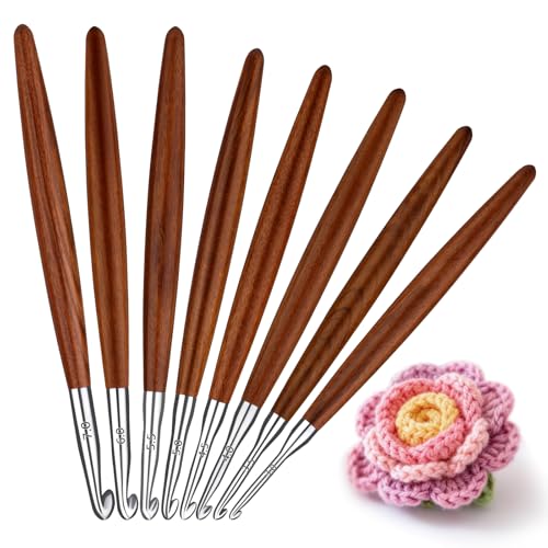 Lunarm Crochet Hook Set 8 Pack Ergonomic Aluminum Crochet Hooks | Size 3mm-7mm Wooden Handle Hooks for Arthritic Hands DIY Craft Knitting Bouquets, Blankets, Hats, Gloves from Various Yarns - size: 8 Pack- Full Size