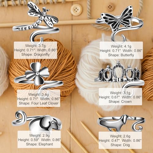 6 PCS Crochet Tension Ring Cat Crown Butterfly Elephant Sunflower Adjustable Yarn Rings Tools Crochet Accessories Gifts for Crochet Lovers - color: Animal & Nature Crochet Rings