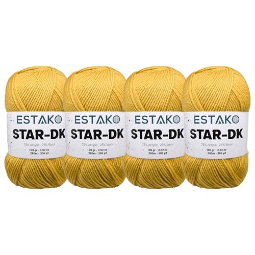 Estako Star-DK Soft Yarn for Crocheting, DK Weight 3, 4-Pack, Yellow | 75% acrylic 25% wool, 4 skeins, 400 g, 1224 yds, amigurumi, granny squares, socks, beanies, mittens, plush toys - color: 32191 - Yellow, size: Pack of Four