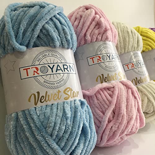 Troyarn Velvet Star, Silvery Glitter Chenille Baby Blanket Yarn Amigurumi Yarn for Crocheting and Knitting Super Bulky 100 gr (120 yds) Length: 110 m (10442 - Shell, 1 Skein) - color: 10442 - Shell, size: 1 Skein