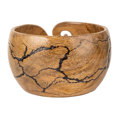 Mangowood Yarn Bowl for Crocheting, Large 7x4 inch Cute Crochet Wooden Yarn Holder & Knitting Gadgets Supplies, Gifts for crocheters Handmade Bowl with Fractal Burning & Black Resin Inlay (M-Black) - color: M-Black
