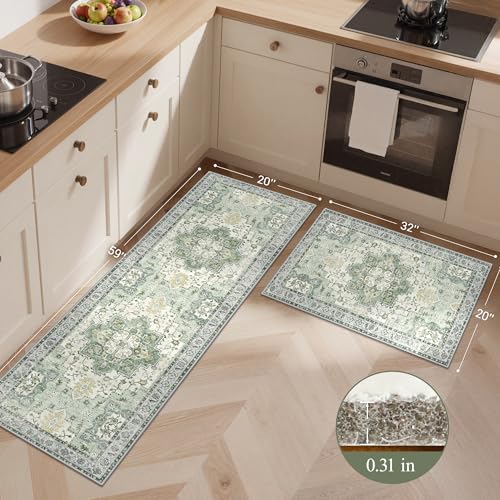 GENIMO Kitchen Rugs Set of 2, Washable Non Slip Cushioned Mats for Floor | 20"x32"&20"x59", Green vintage boho rug, soft faux cashmere, low pile, easy-clean for laundry, entryway, sink, farmhouse - color: Light Green, size: 20"x32"+20"x59"